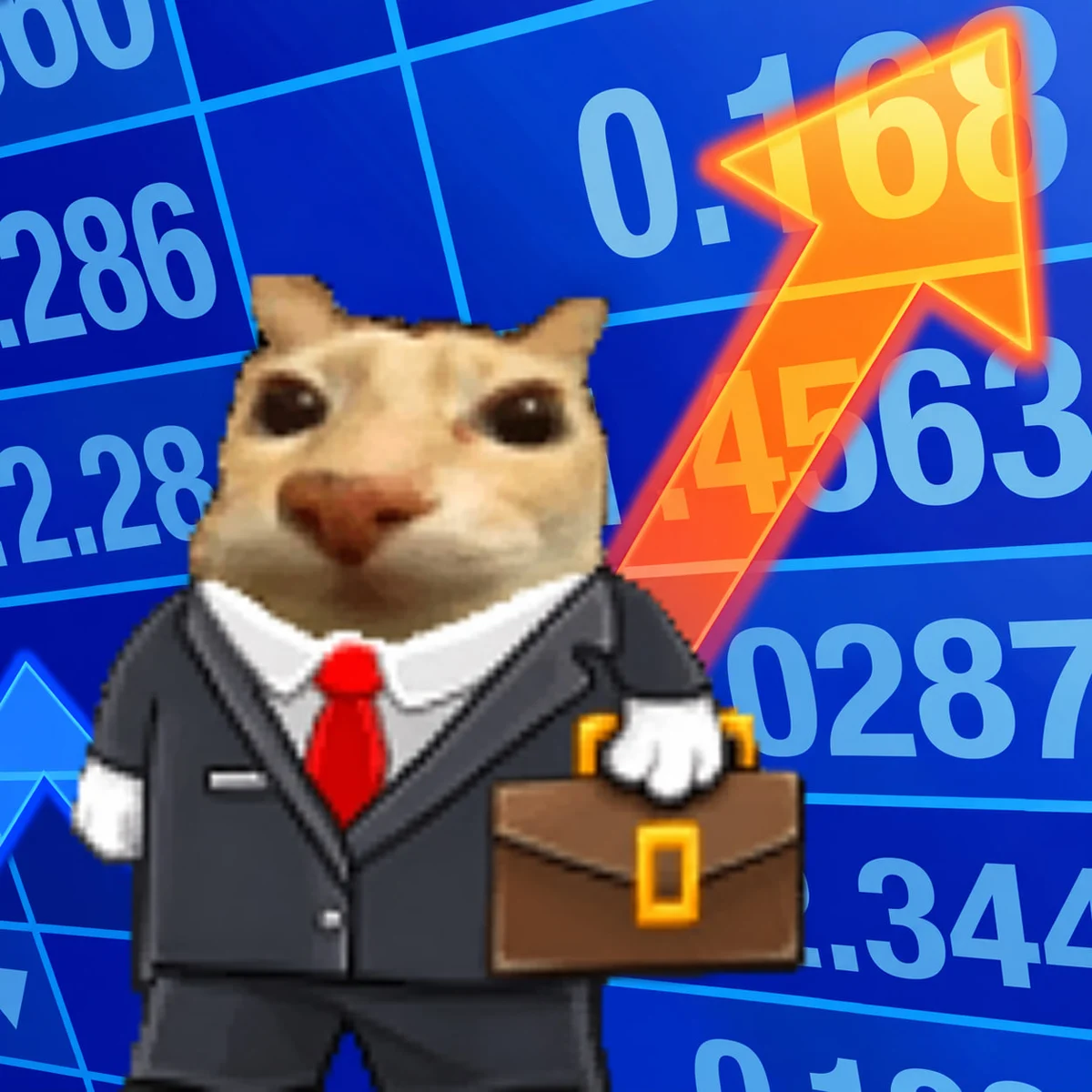 Stonks Kitty in a business suit holding a briefcase